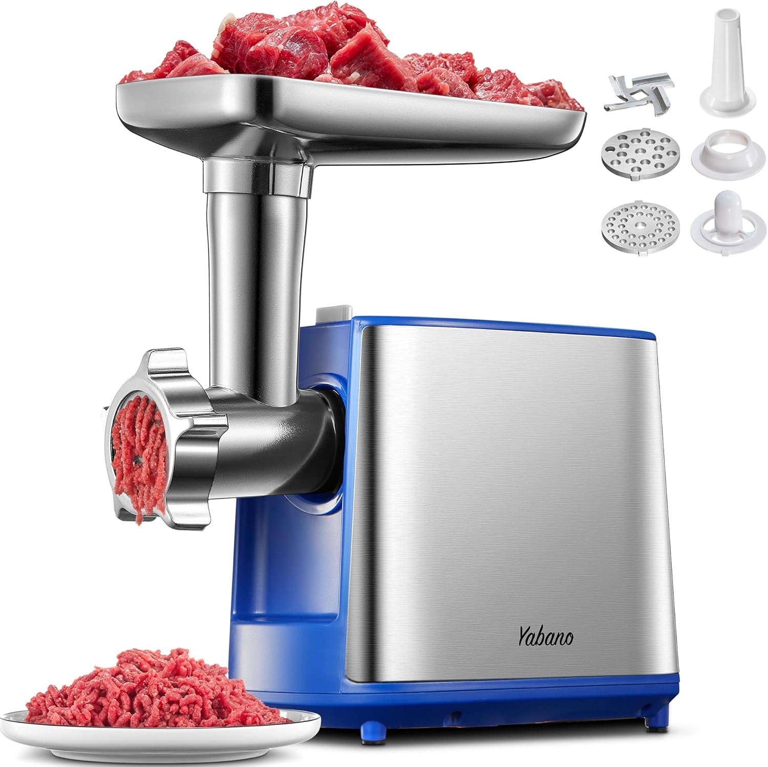 Yabano electric meat grinder in blue with sausage stuffer maker, kubbe kit, and two stainless steel grinding plates